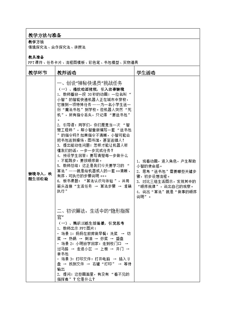 《第一单元 无处不在的算法：2 算法认识与体验》教学设计（表格版）-2025-2026学年人教版(2024)信息技术五年级全册第2页