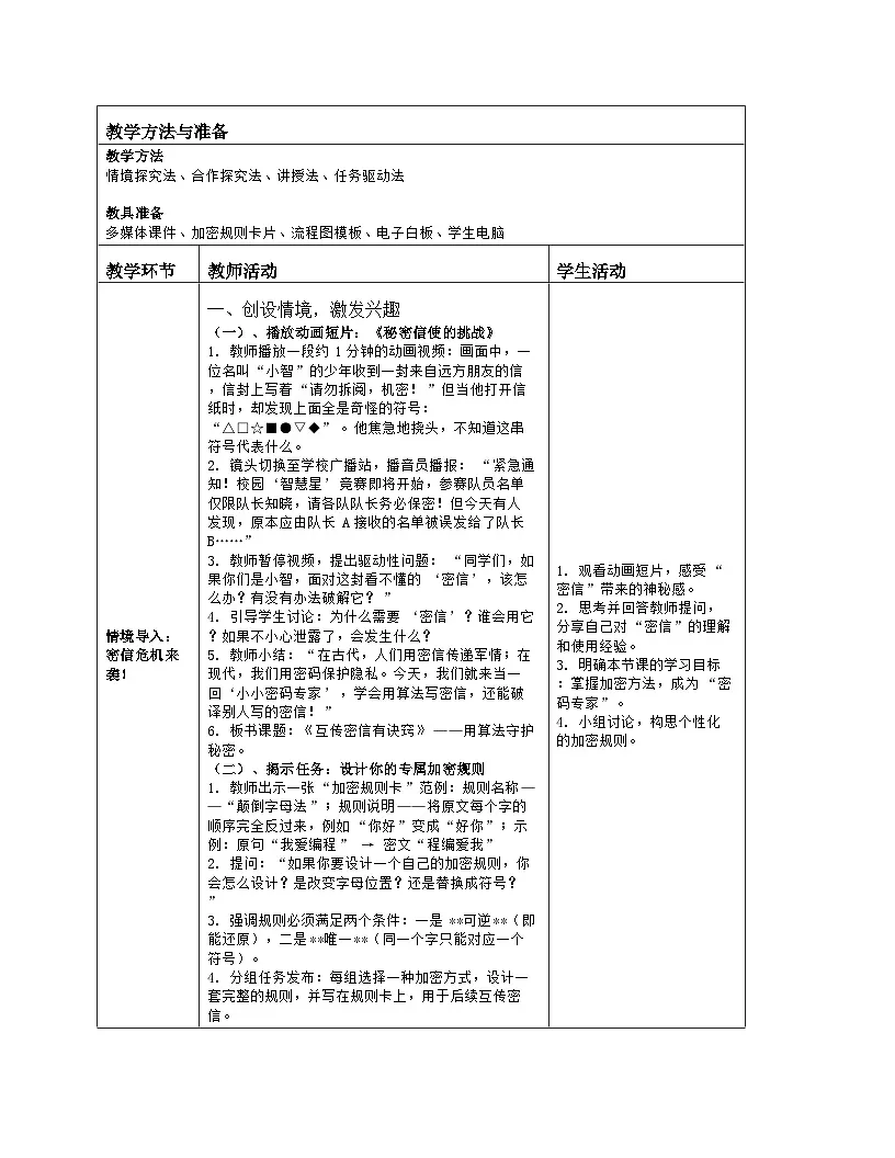 《第三单元 用算法解决问题：9 互传密信有诀窍》教学设计（表格版）-2025-2026学年人教版(2024)信息技术五年级全册第2页