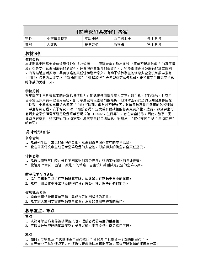 《第四单元 发挥算法的优势：15 简单密码易破解》教学设计（表格版）-2025-2026学年人教版(2024)信息技术五年级全册第1页