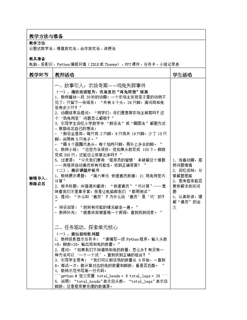 《第六单元 快速遍历数据：21 鸡兔同笼巧计算》教学设计（表格版）-2025-2026学年人教版(2024)信息技术五年级全册第2页