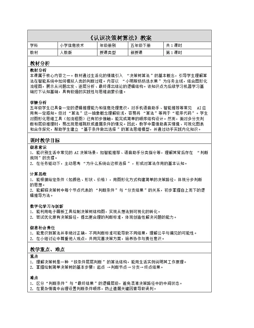 《第八单元 人工智能中的算法：28 认识决策树算法》教学设计（表格版）-2025-2026学年人教版(2024)信息技术五年级全册第1页