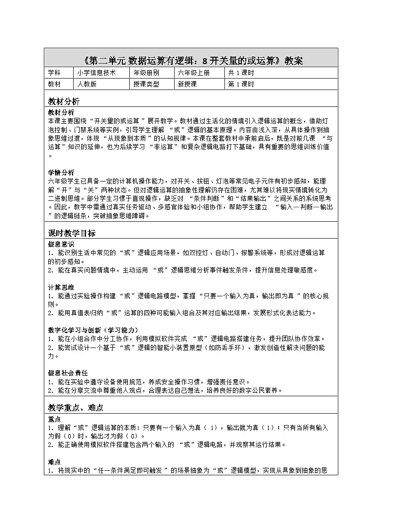 《第二单元 数据运算有逻辑：8 开关量的或运算》教学设计（表格版）-2025-2026学年人教版(2024)信息技术六年级全册第1页