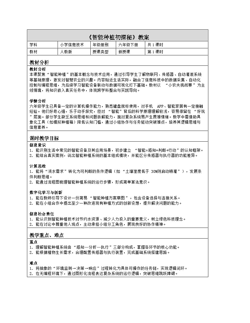 《第五单元 智能种植有方法：16 智能种植初探秘》教学设计（表格版）-2025-2026学年人教版(2024)信息技术六年级全册第1页