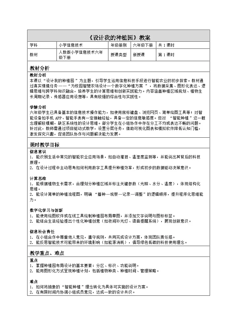 《第五单元 智能种植有方法：17 设计我的种植园》教学设计（表格版）-2025-2026学年人教版(2024)信息技术六年级全册第1页