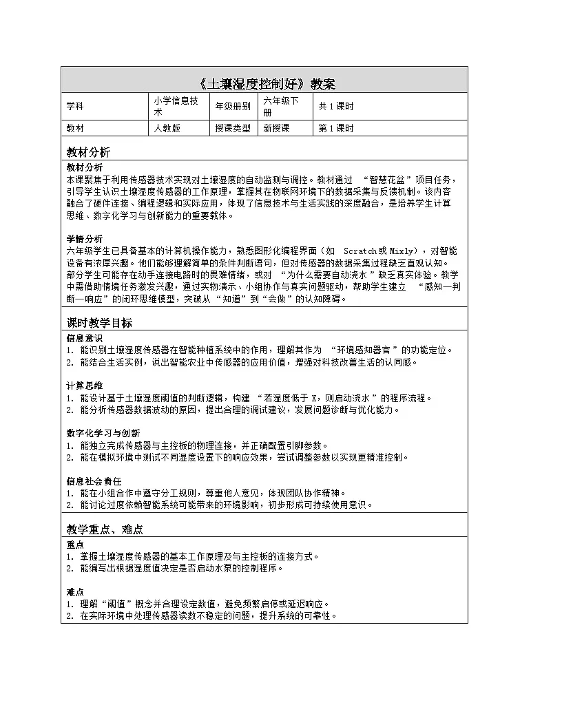《第五单元 智能种植有方法：18 土壤湿度控制好》教学设计（表格版）-2025-2026学年人教版(2024)信息技术六年级全册第1页