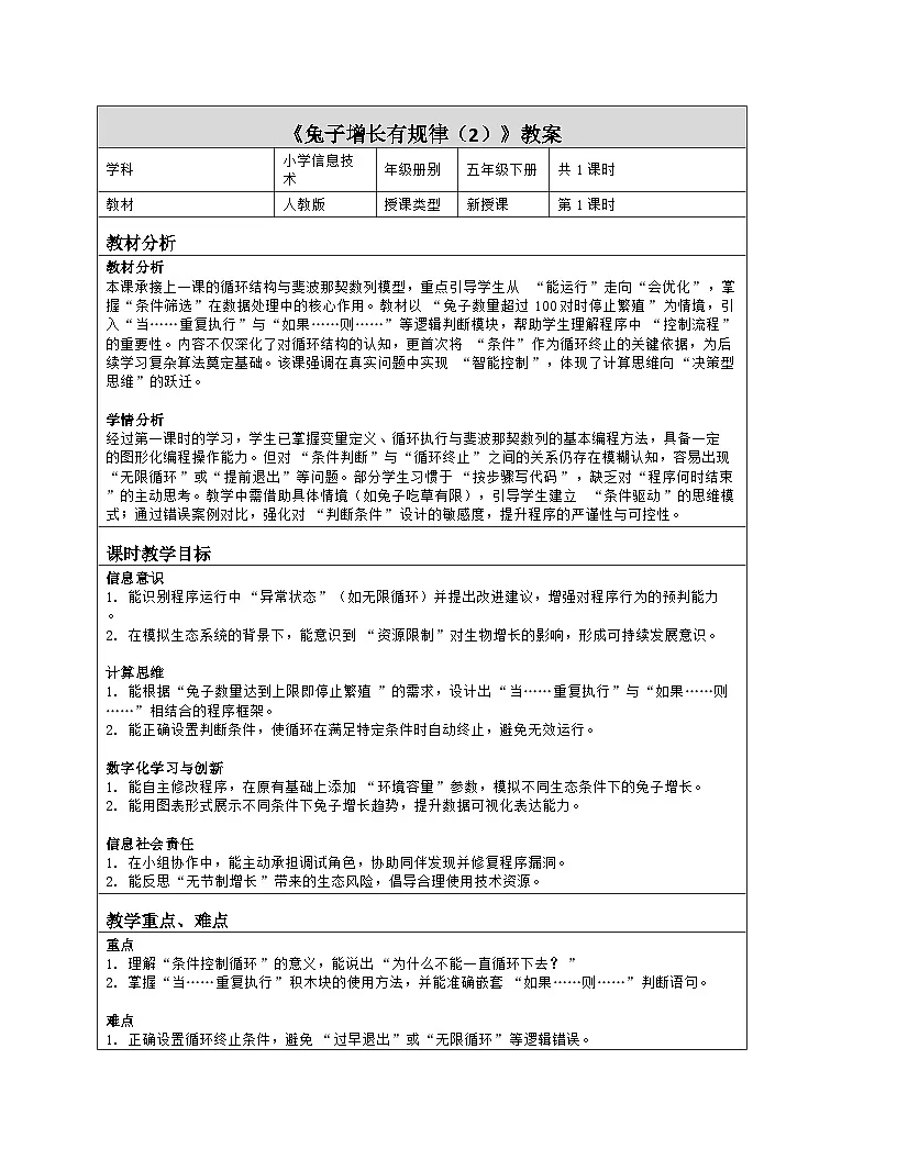 《第六单元 快速遍历数据：23 兔子增长有规律（2）》教学设计（表格版）-2025-2026学年人教版(2024)信息技术五年级全册第1页