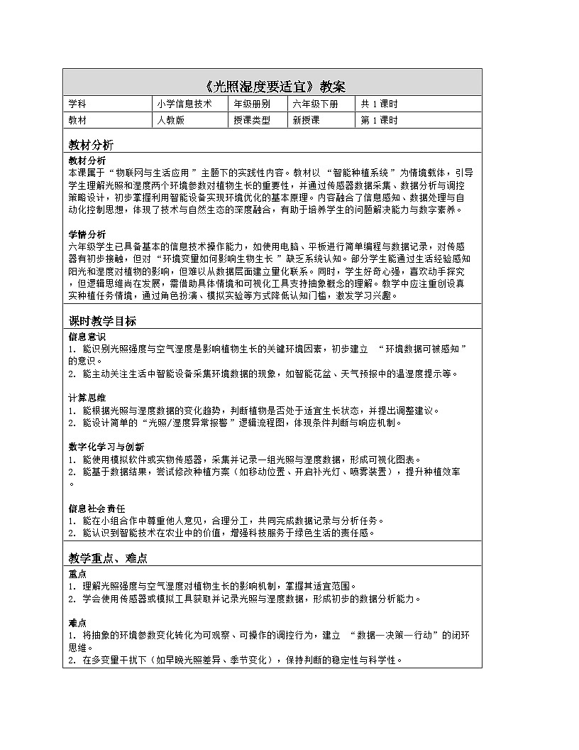 《第五单元 智能种植有方法：19 光照湿度要适宜》教学设计（表格版）-2025-2026学年人教版(2024)信息技术六年级全册第1页