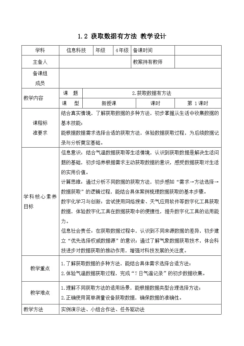 1.2 获取数据有方法（教学设计）-四年级信息科技全一册同步备课系列（人教版2024）第1页