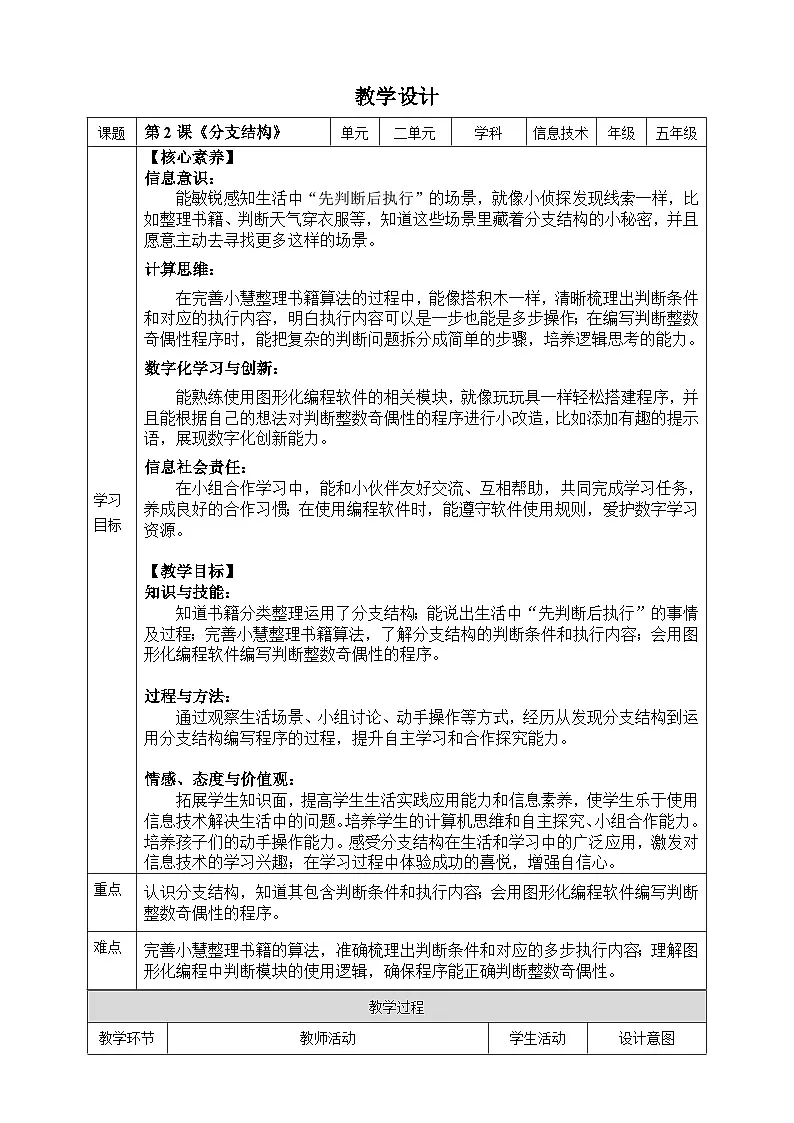 第五年级上册信息技术第二单元第2课 分支结构 教案第1页
