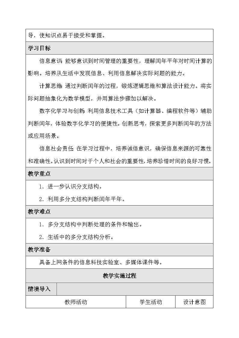 人教版（2024）五年级全一册信息科技第11课 闰年平年我知道（1） 教案【表格式】第2页