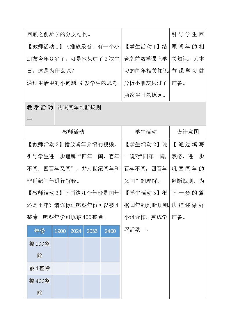 人教版（2024）五年级全一册信息科技第11课 闰年平年我知道（1） 教案【表格式】第3页