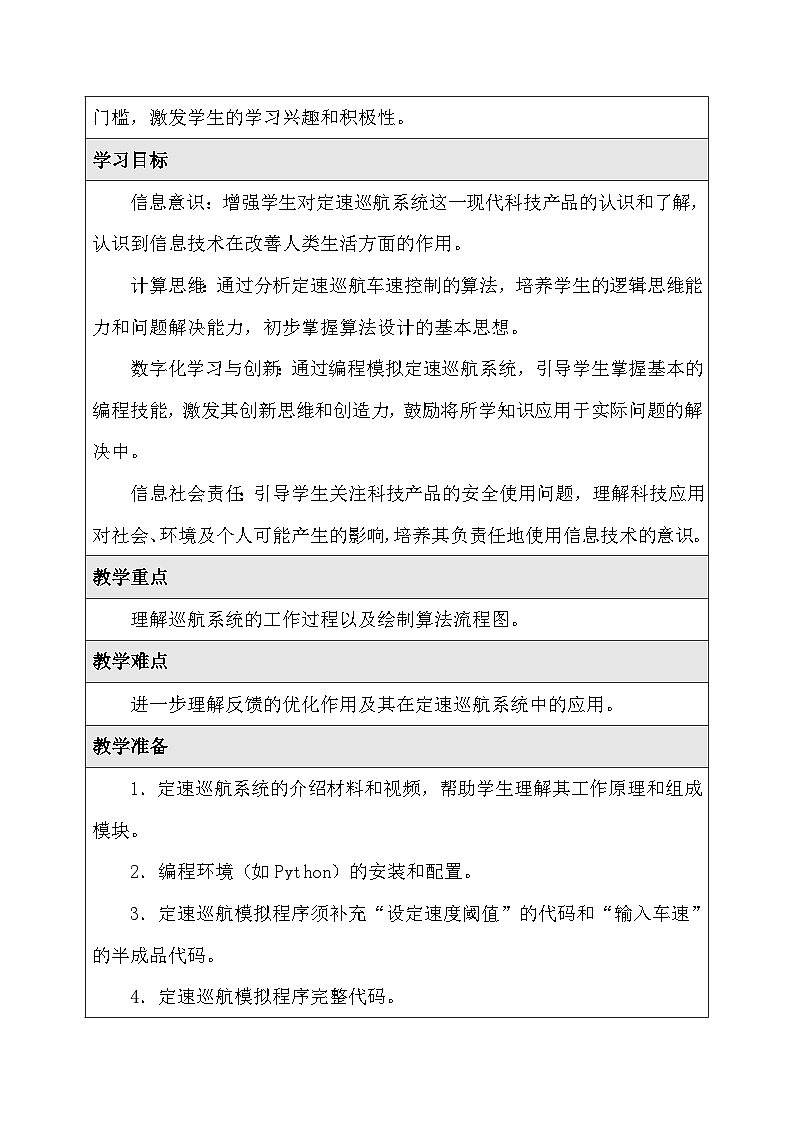 人教版（2024）六年级全一册信息科技第27课 定速巡航有算法 教案【表格式】第2页