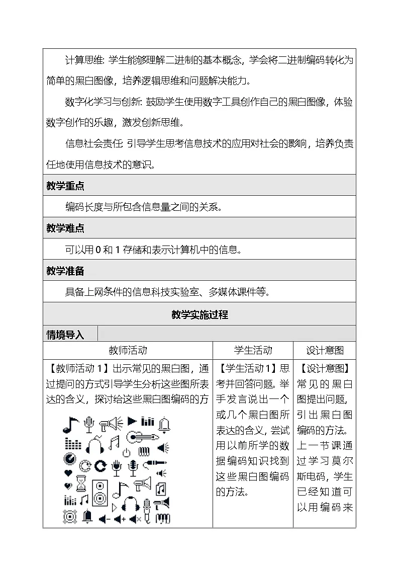 人教版（2024）四年级全一册信息科技12.二值的黑白图像 教案第2页