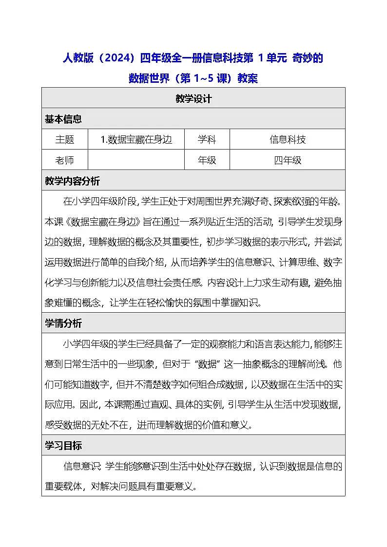 人教版（2024）四年级全一册信息科技第1单元 奇妙的数据世界（第1~5课）教案【表格式】第1页
