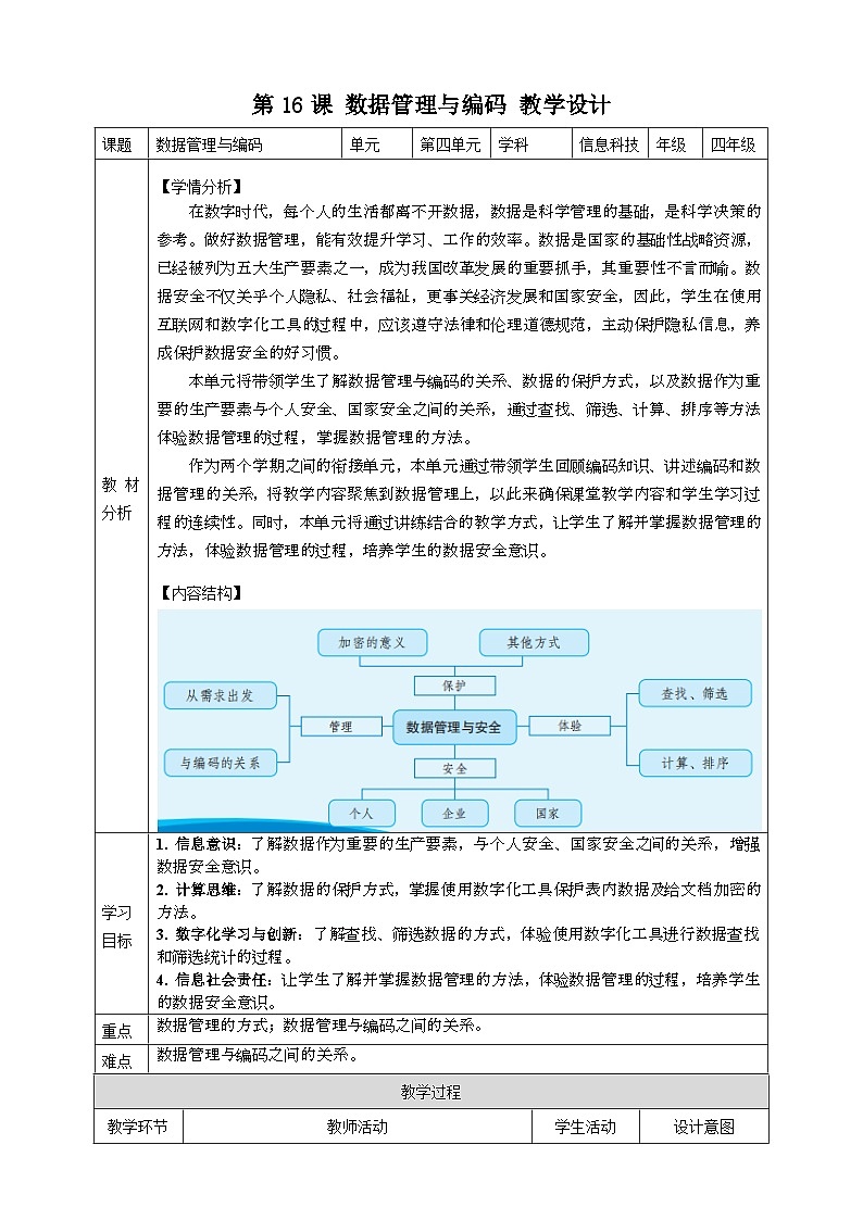 教案：第16课 数据管理与编码 教案第1页