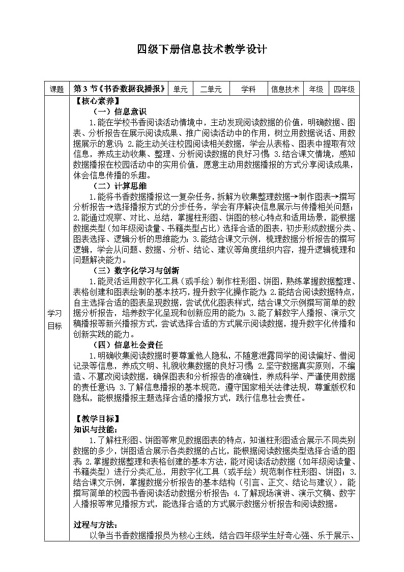【核心素养目标】四年级下册信息技术第二单元第3节《书香数据我播报》川教版2024 教案第1页