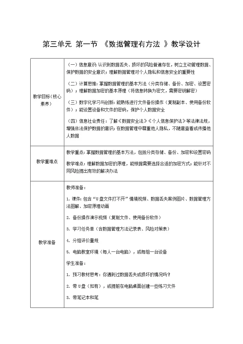 第三单元 第一节 《数据管理有方法 》教学设计 川教版（2024）信息科技四年级下册第1页