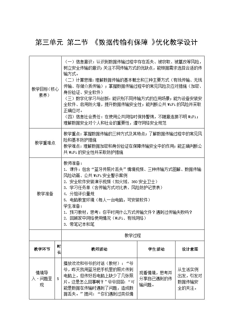 第三单元 第二节 《数据传输有保障 》优化教学设计 川教版（2024）信息科技四年级下册第1页