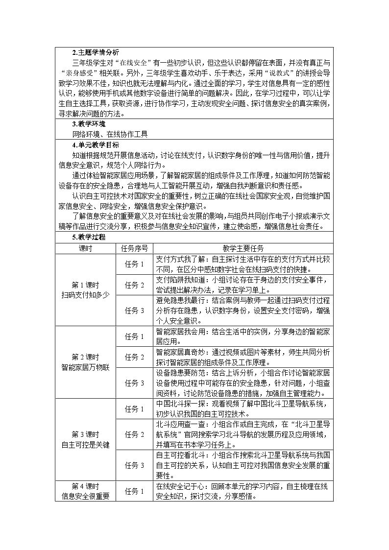 第三单元《智能生活安全》 单元教学设计（表格式）-三年级下册《信息科技》（重大版）第2页