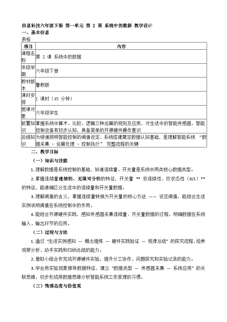 第 2 课 系统中的数据 教学设计 2025-2026学年鲁教版（2024）初中信息科技六年级下册第1页