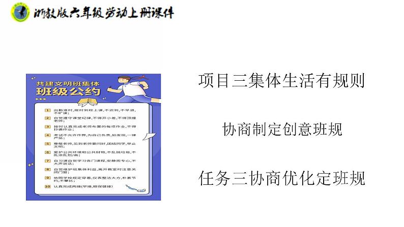 浙教版六年级上册劳动项目三任务三协商优化定班规课件+素材01