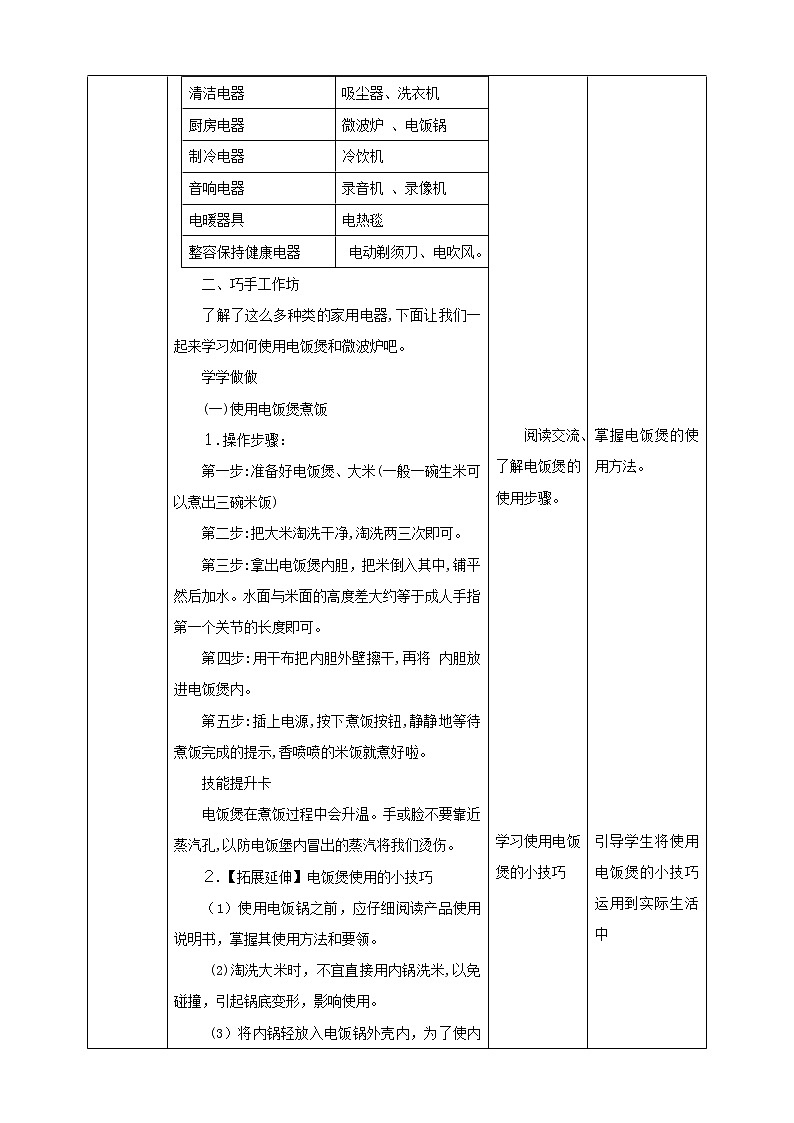 四年级全一册《劳动与技术》第一单元  活动3《学习使用家用电器》教案02