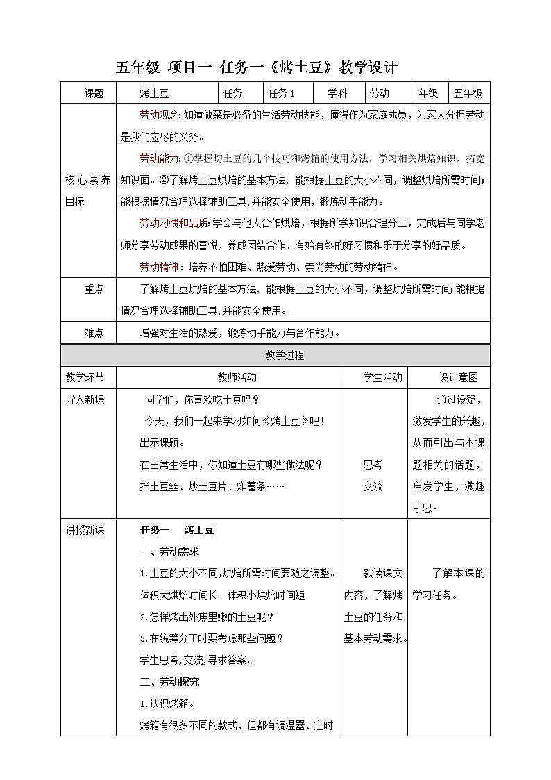 【核心素养目标】浙教版五年级上册《劳动》项目一 任务一《烤土豆》教案第1页