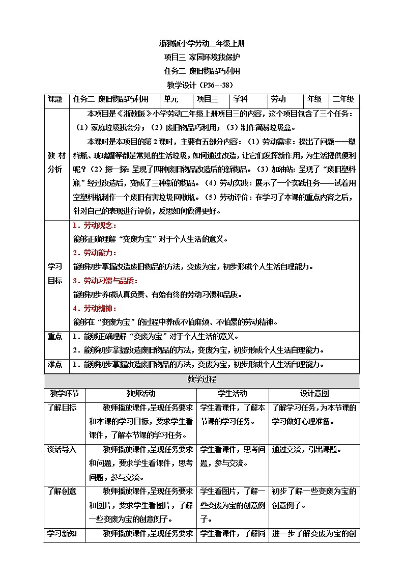 浙教版劳动二年级上项目三 任务二《废旧物品巧利用》 课件+教案+素材01