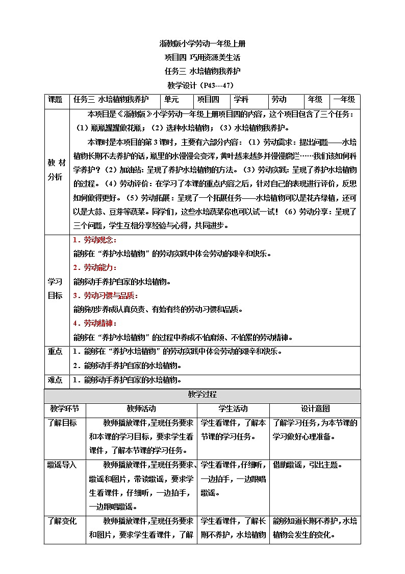 浙教版劳动一年级上册 项目四 任务三《水培植物我养护》 课件+教案+素材01