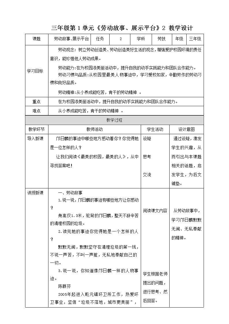 【粤教版】三年级全一册《劳动与技术》第一单元  《劳动故事、展示平台》2 教案+课件01