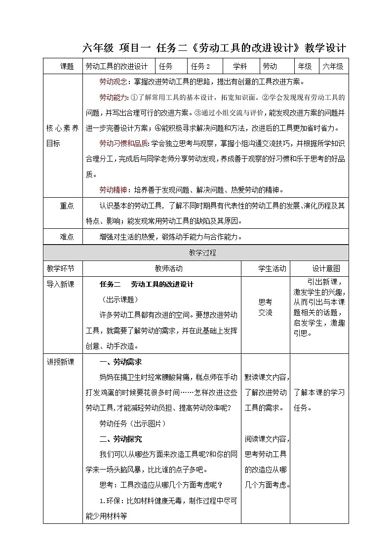 项目一 任务二《劳动工具的改进设计》教案第1页