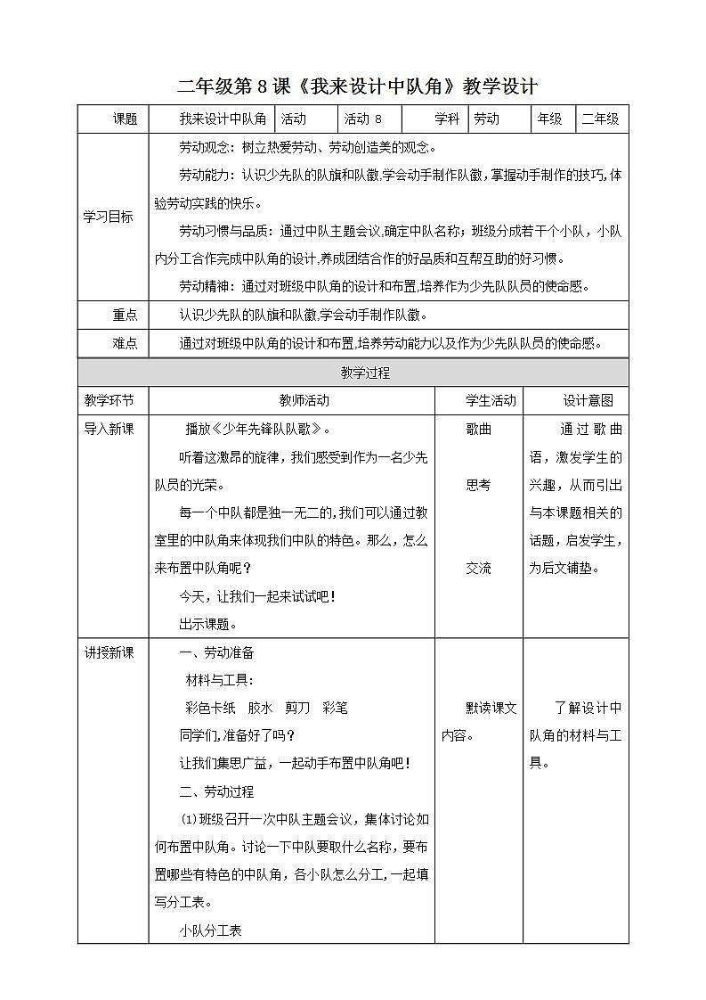 北师大版劳技二年级教案《劳动实践指导手册》第8课《我来设计中队角》教案01