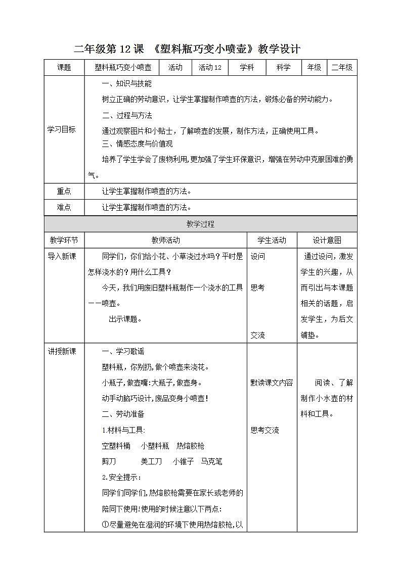 北师大版劳技二年级教案《劳动实践指导手册》第12课《塑料瓶巧变小喷壶》 教案第1页