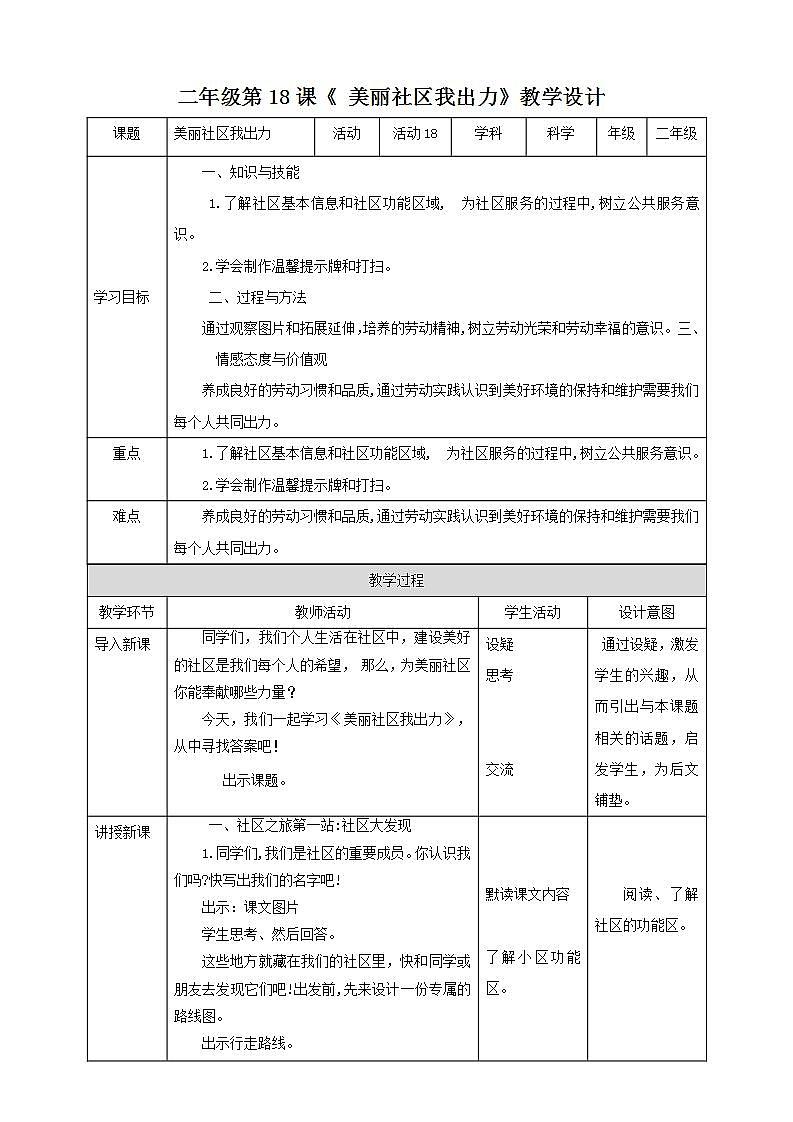 北师大版劳技二年级教案《劳动实践指导手册》第18课《 美丽社区我出力》教案01