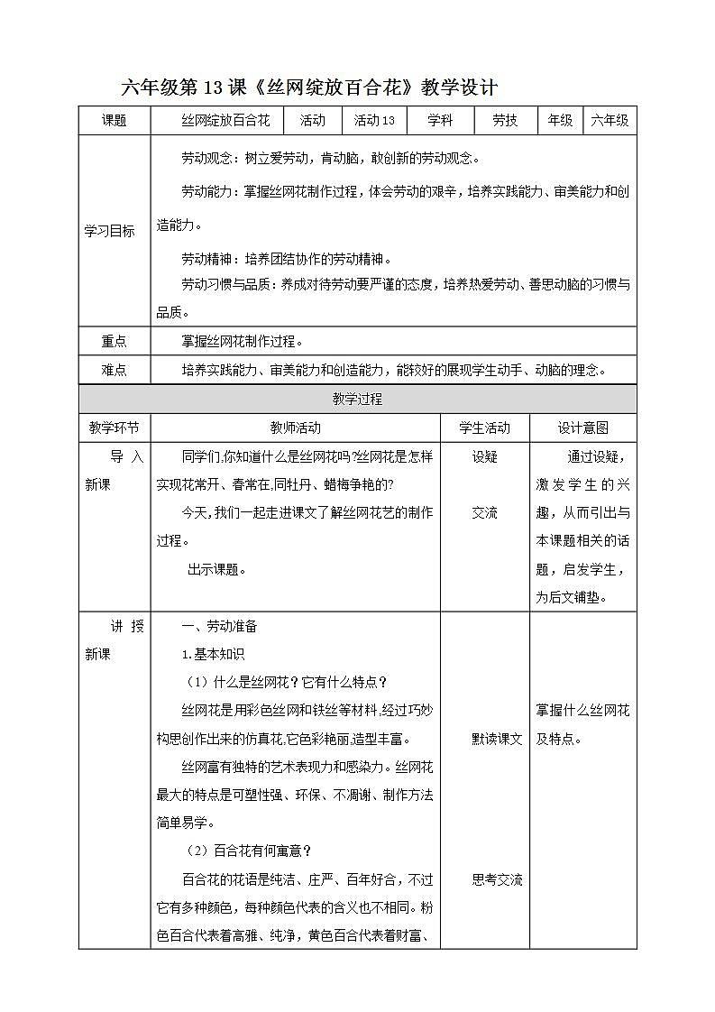 北师大版劳技六年级教案第一单元第13课《 丝网绽放百合花》教案01
