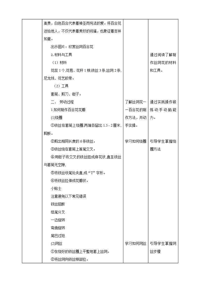 北师大版劳技六年级教案第一单元第13课《 丝网绽放百合花》教案02