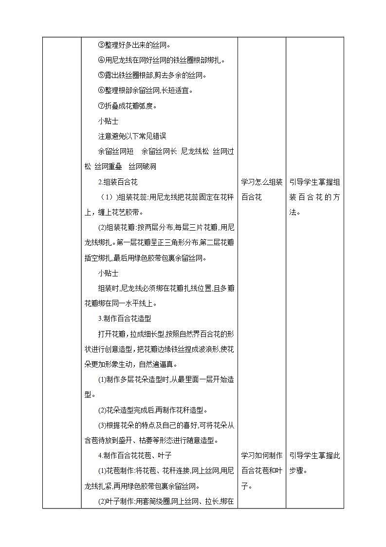 北师大版劳技六年级教案第一单元第13课《 丝网绽放百合花》教案03