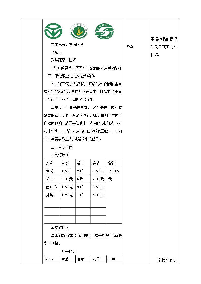 北师大版劳技五年级教案第一单元第3课《买菜的学问》教案03