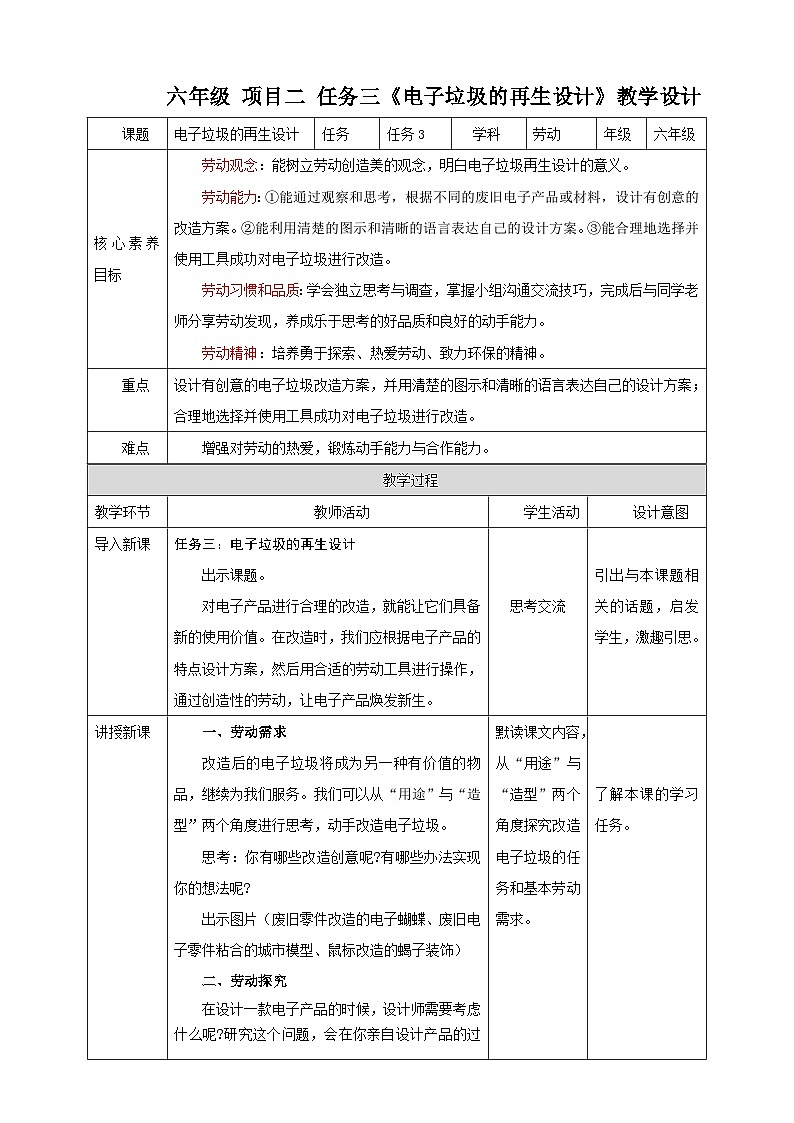 浙教版劳技六年级教案项目二 任务三《电子垃圾的再生设计》教案01