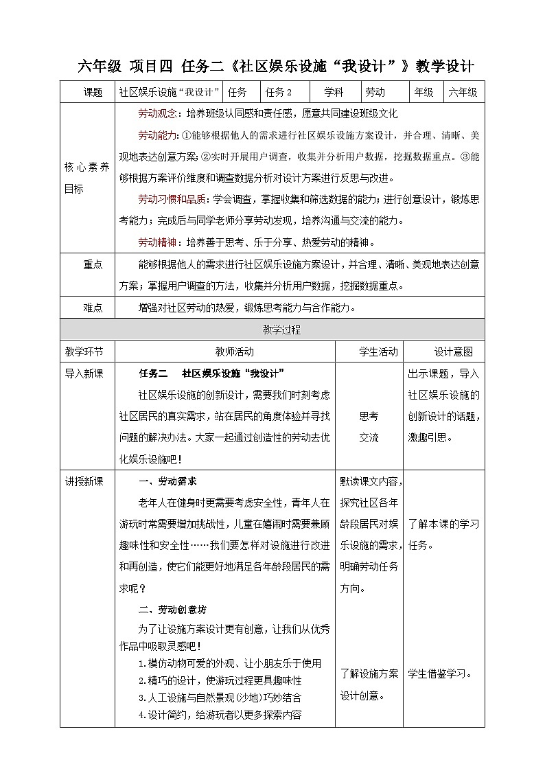 浙教版劳技六年级教案项目四 任务二《社区娱乐设施“我设计”》教案01