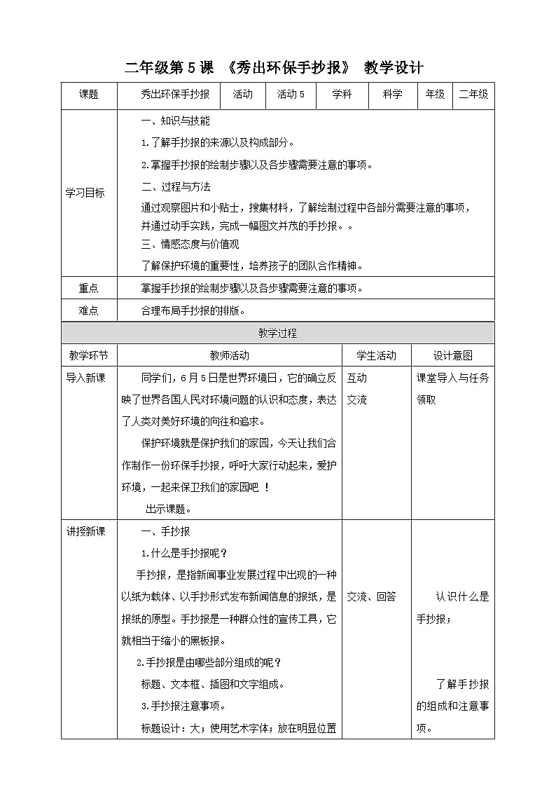 【北师大版】二年级 劳技 第5课《秀出环保手抄报》课件+教案01