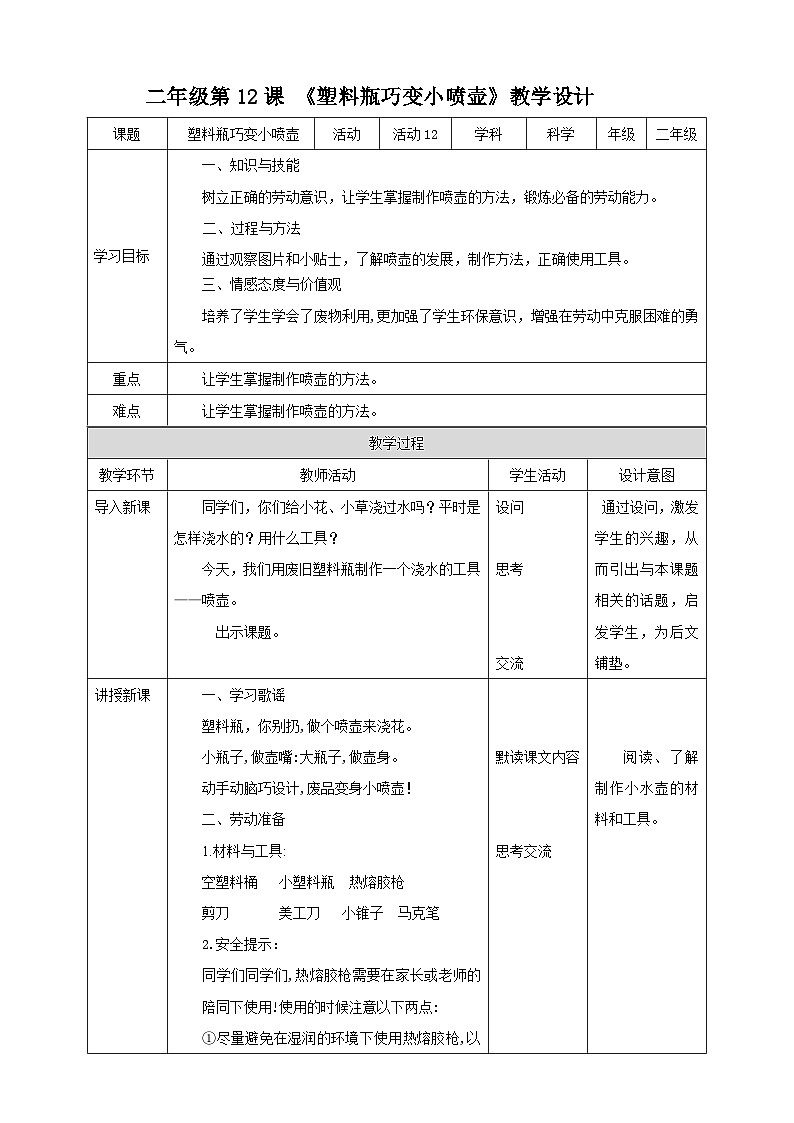 【北师大版】二年级 劳技 第12课《塑料瓶巧变小喷壶》教案+课件01
