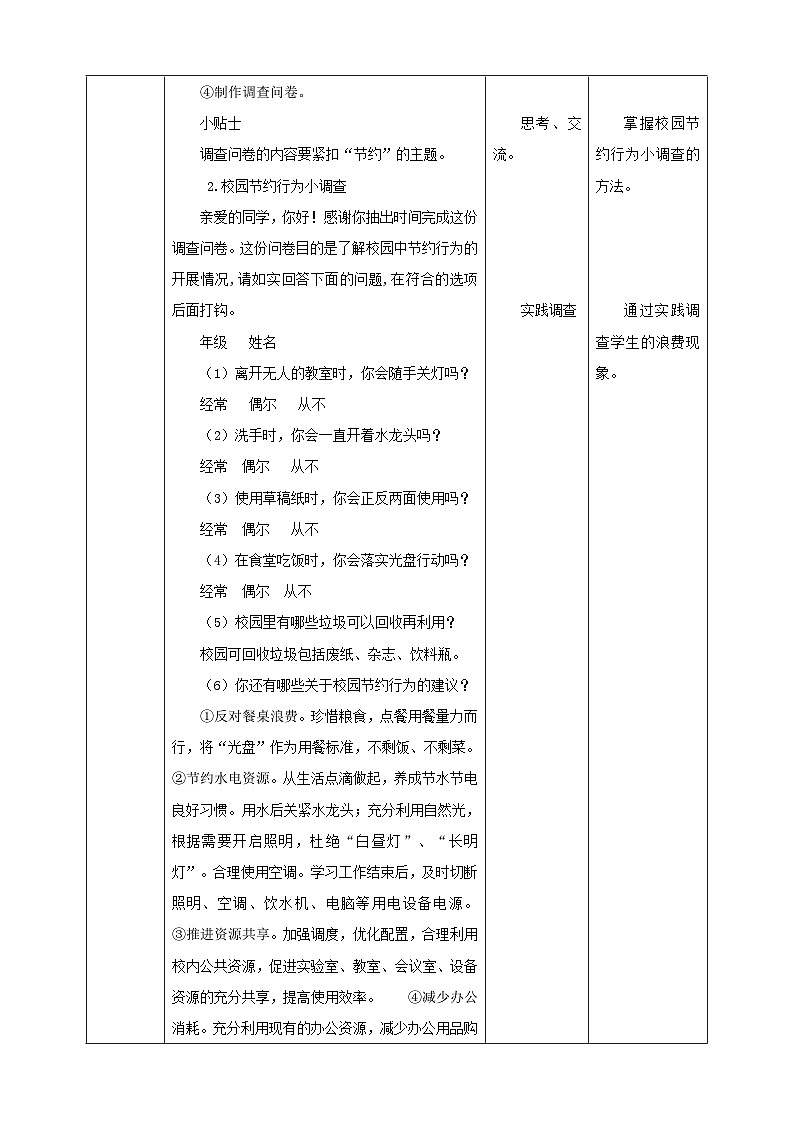 【人教版】五下劳技  项目一0《校园节约行为小调查》课件+教案02