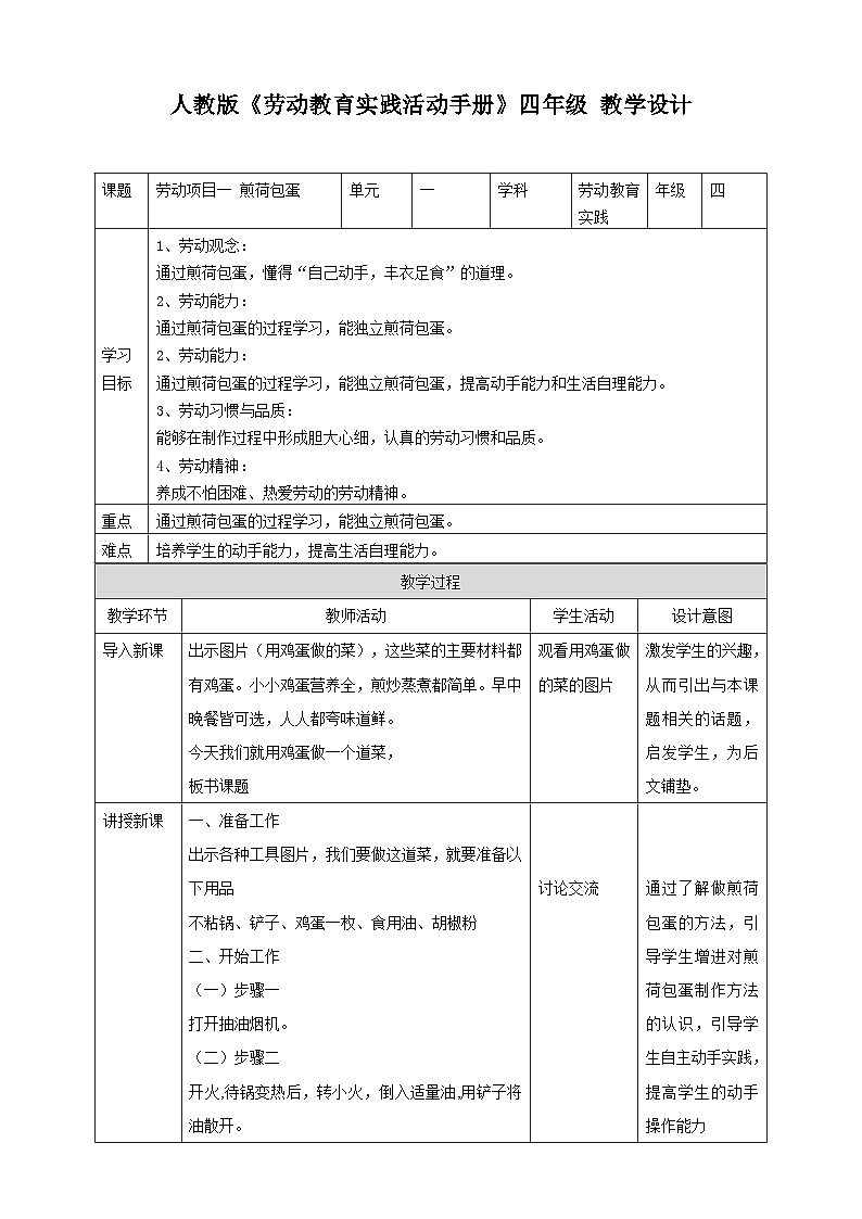 【人教版】四下劳技 项目一《煎荷包蛋》课件＋教案+素材01