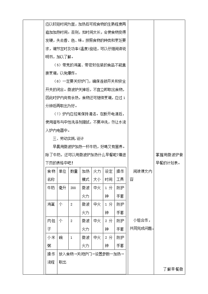 浙教版三年级下册劳动项目一 任务一 《用微波炉加热食物》  教案第3页