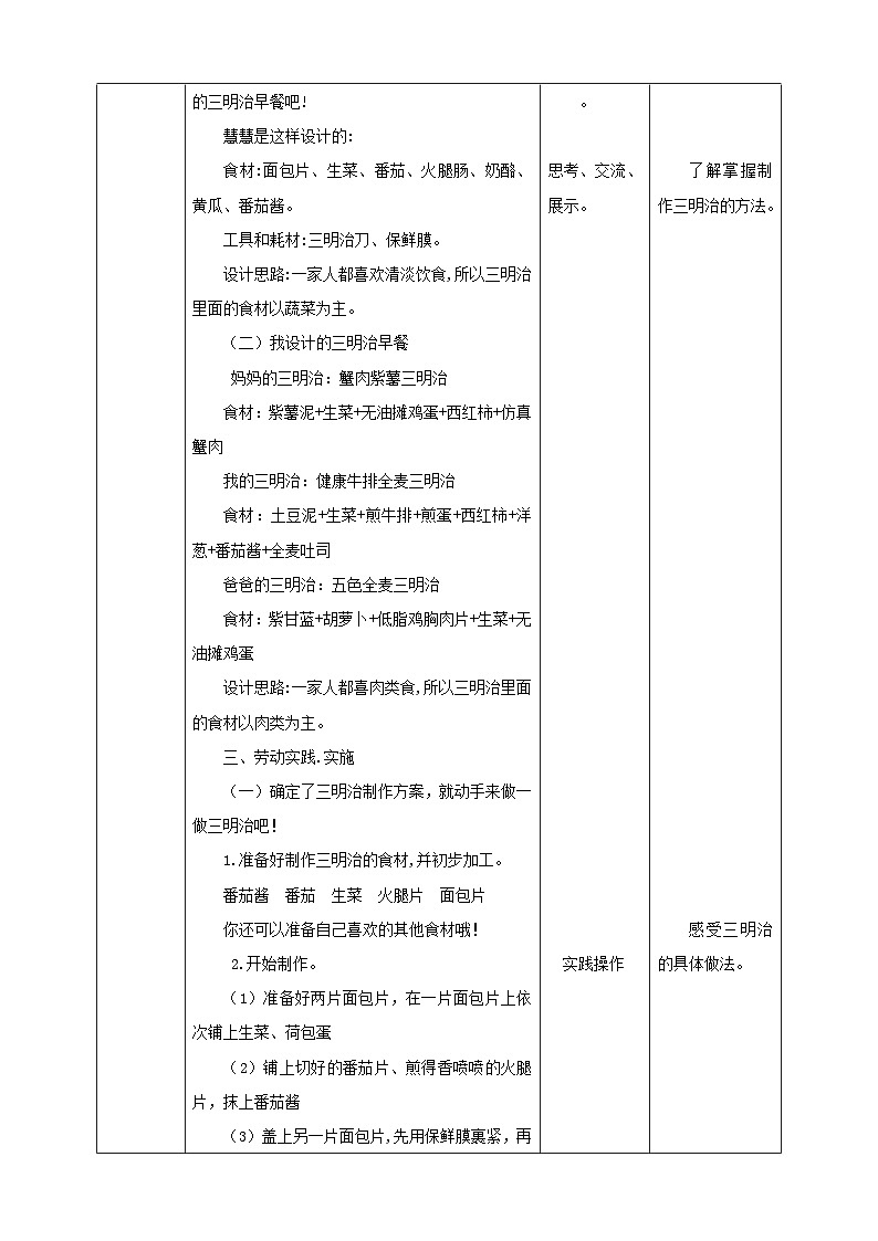 浙教版三年级下册劳动项目一 任务三《学做三明治 》  教案第2页