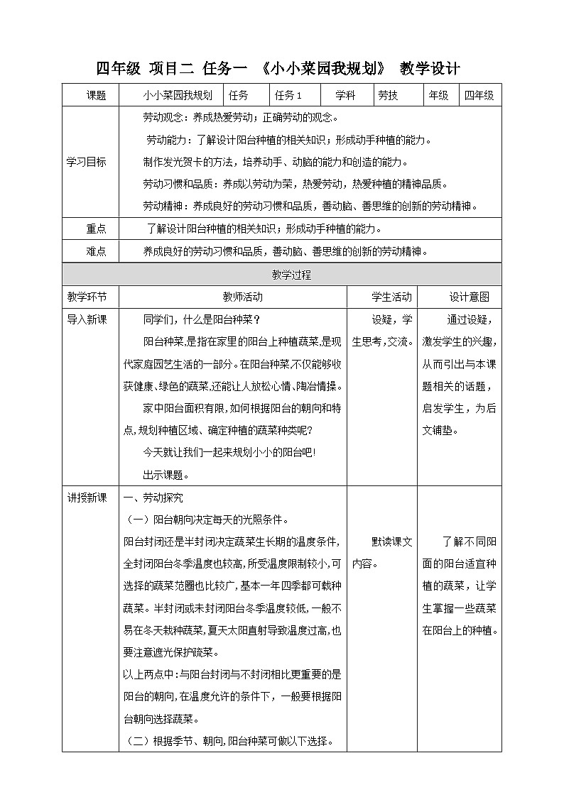 浙教版四年级下册劳动项目二任务一《小小菜园我规划》教案第1页