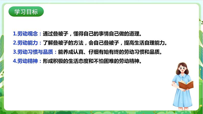 【核心素养目标】人教版劳动教育一年级下册 劳动项目二 《叠被子》 课件+教案+素材02