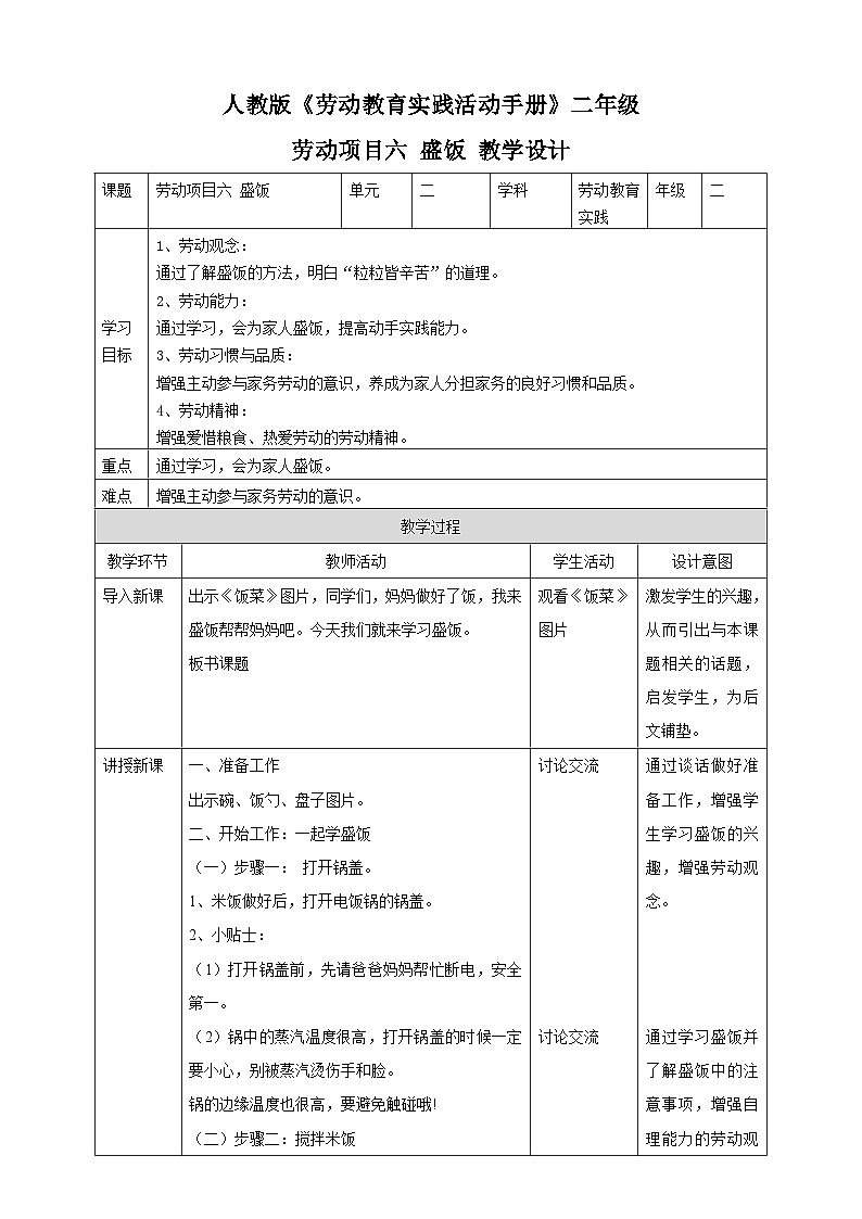 【核心素养目标】人教版劳动教育二年级下册 项目六《 盛饭》课件＋教案+素材01