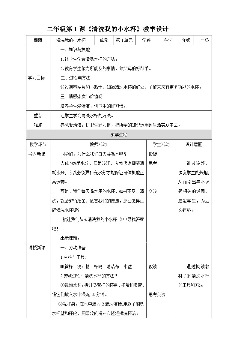 北师大版《劳动实践指导手册》二年级下册 1.《清洗我的小水杯》课件+教案01